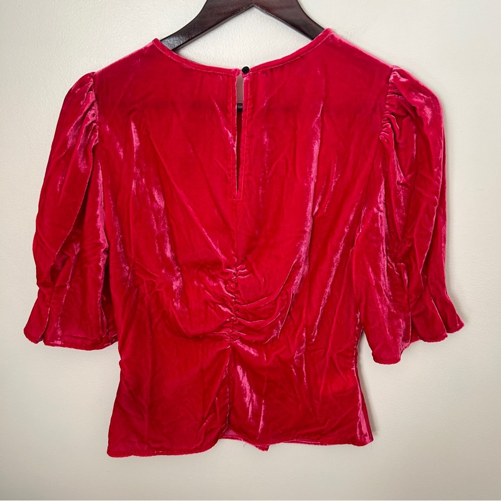 Scotch & Soda Blouse Pink Fitted Puff Sleeve Velvet Planet Love Ruched Top - Picture 8 of 14